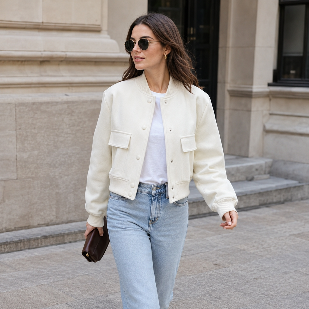 Aurélie – Women's Navy Bomber Jacket with Front Pockets