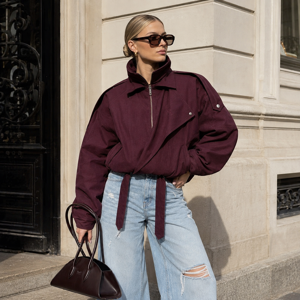 Marceline – Women's Burgundy Bomber Jacket with Stand Collar