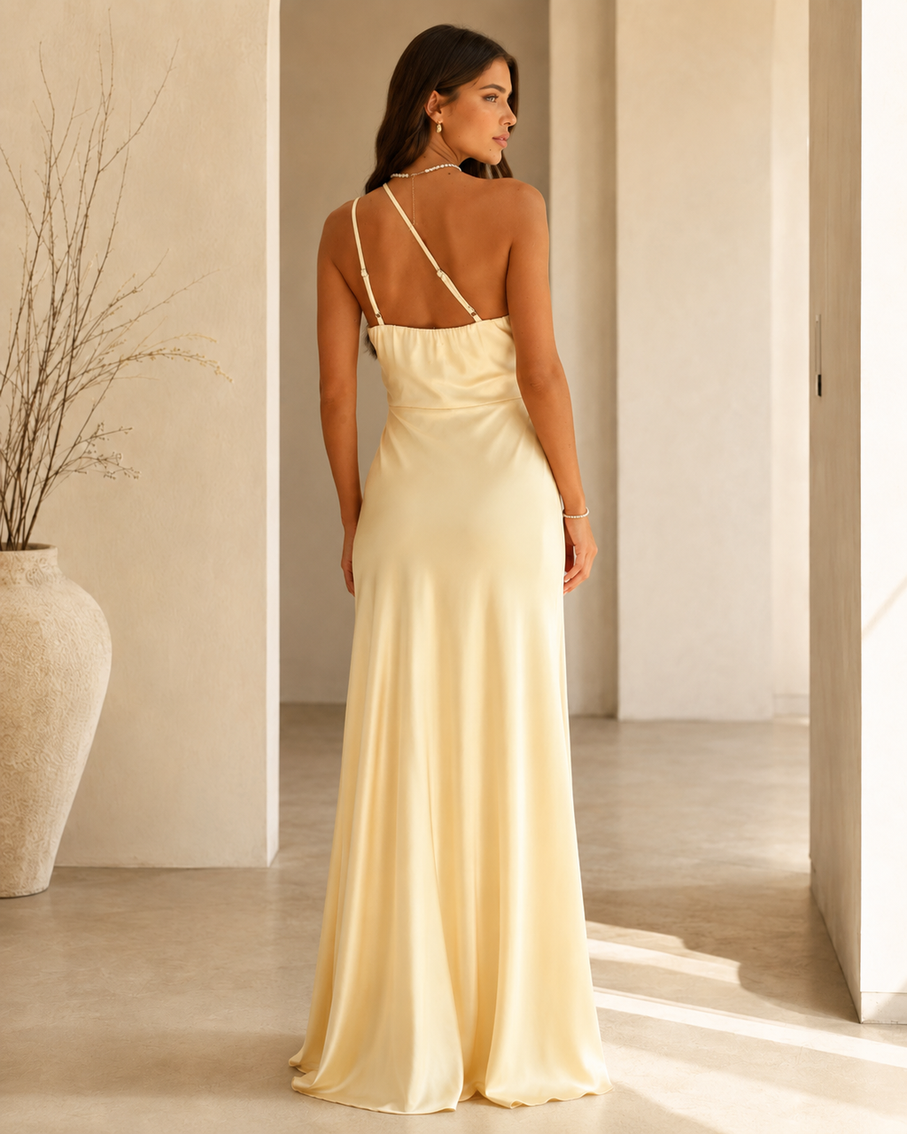 Aveline – Beige Asymmetric Maxi Dress with Side Slit