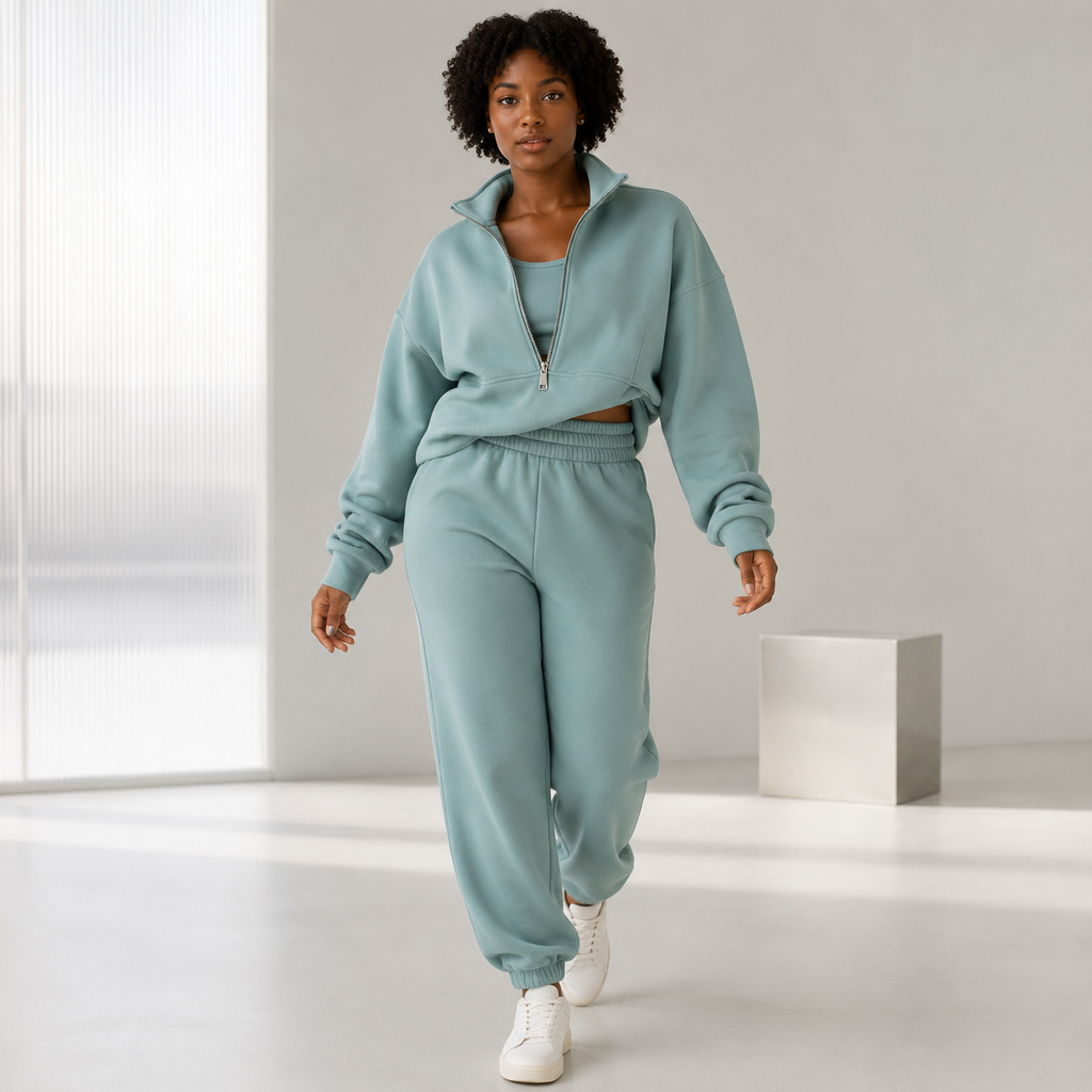 Marcelline | Chic Velour Tracksuit Women with Cropped Half-Zip Top & Joggers