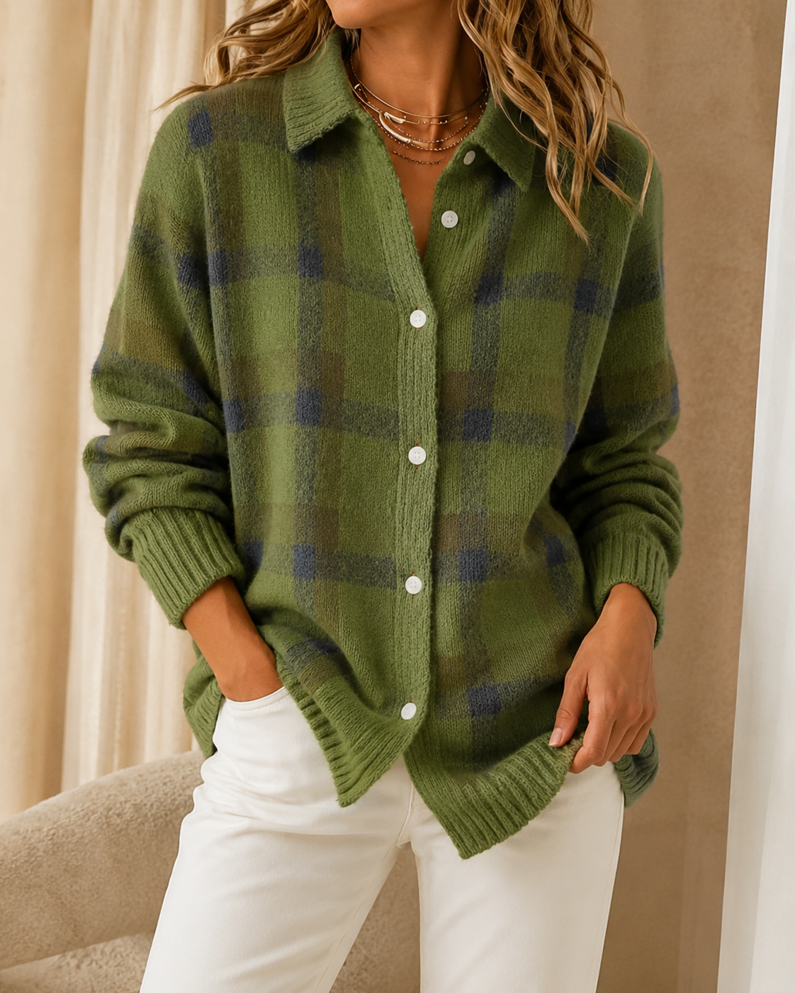 Camellia | Checkered Longline Button-Front Cardigan for Women