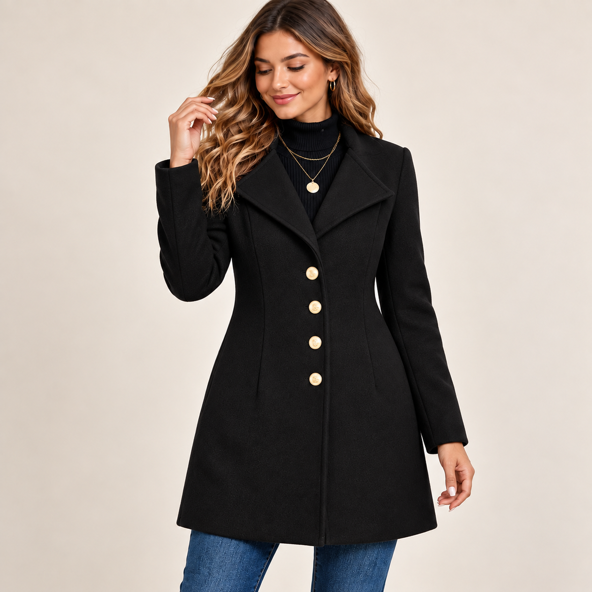 Serenella | Sophisticated Wool Blend Coat for Women with Gold-Tone Buttons