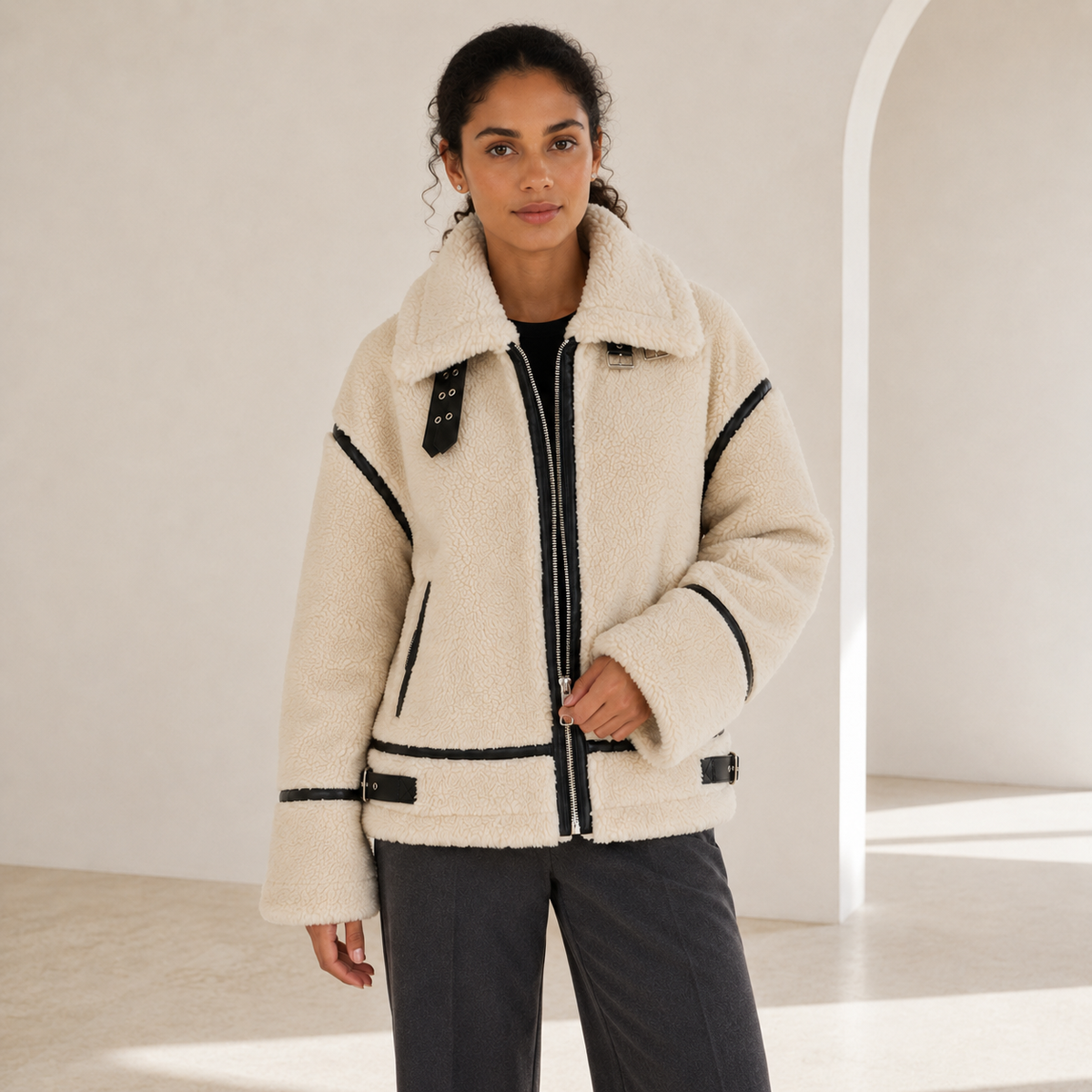 Ines | Cosy Teddy Bear Jacket for Women with Black Accents