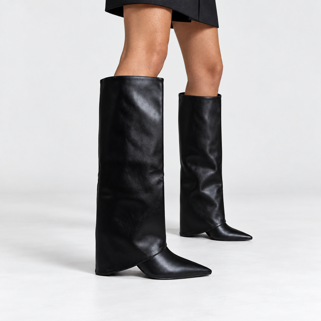 Elarisse | Sophisticated Black Knee High Boots with Convertible Leather Design