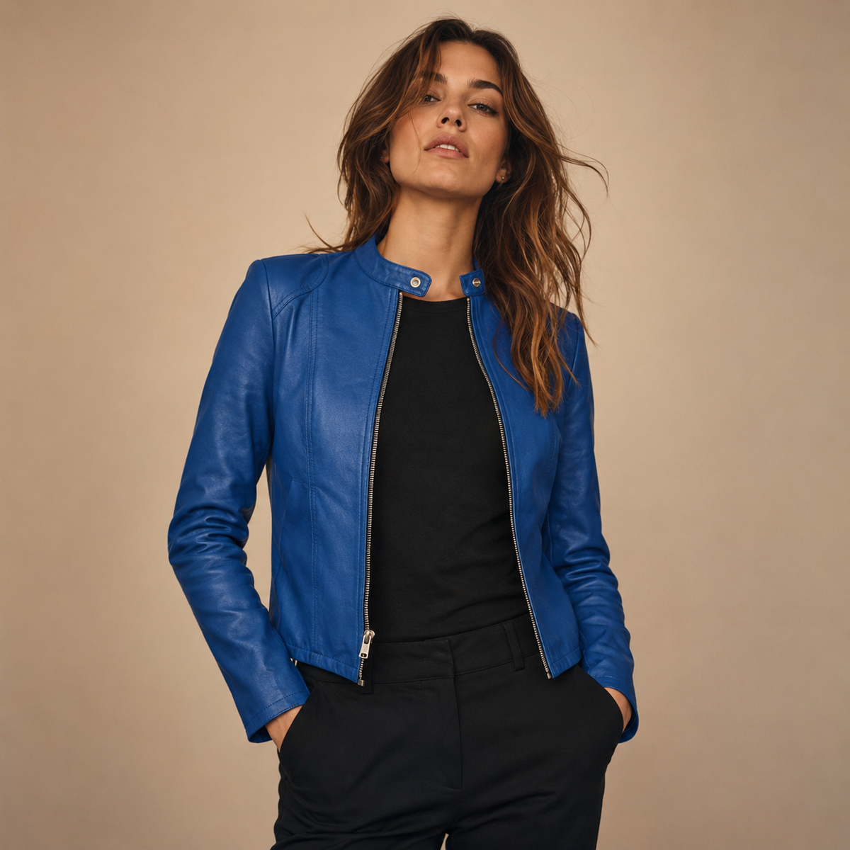 Isabeau – Women's Blue Structured Faux Leather Jacket