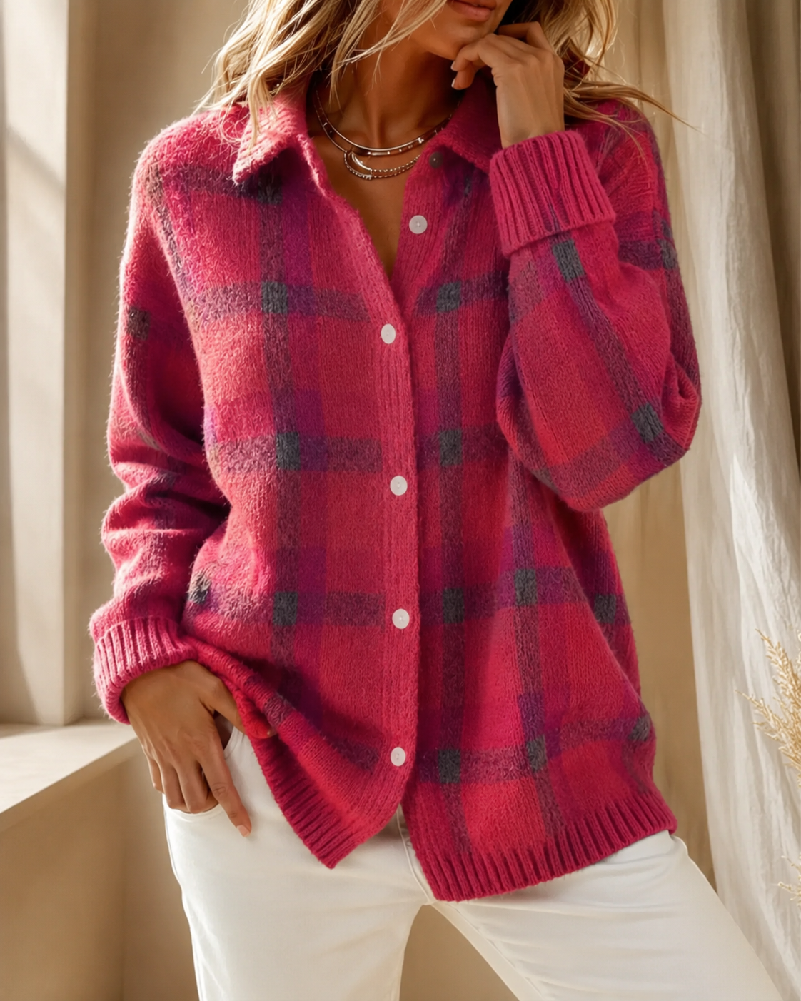 Camellia | Checkered Longline Button-Front Cardigan for Women