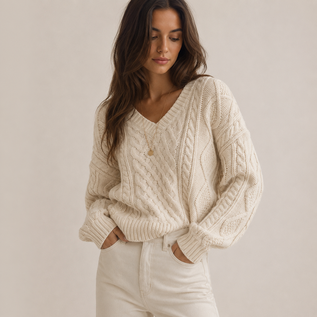 Ingrid | Cable Knit V-Neck Sweater with Long Sleeves