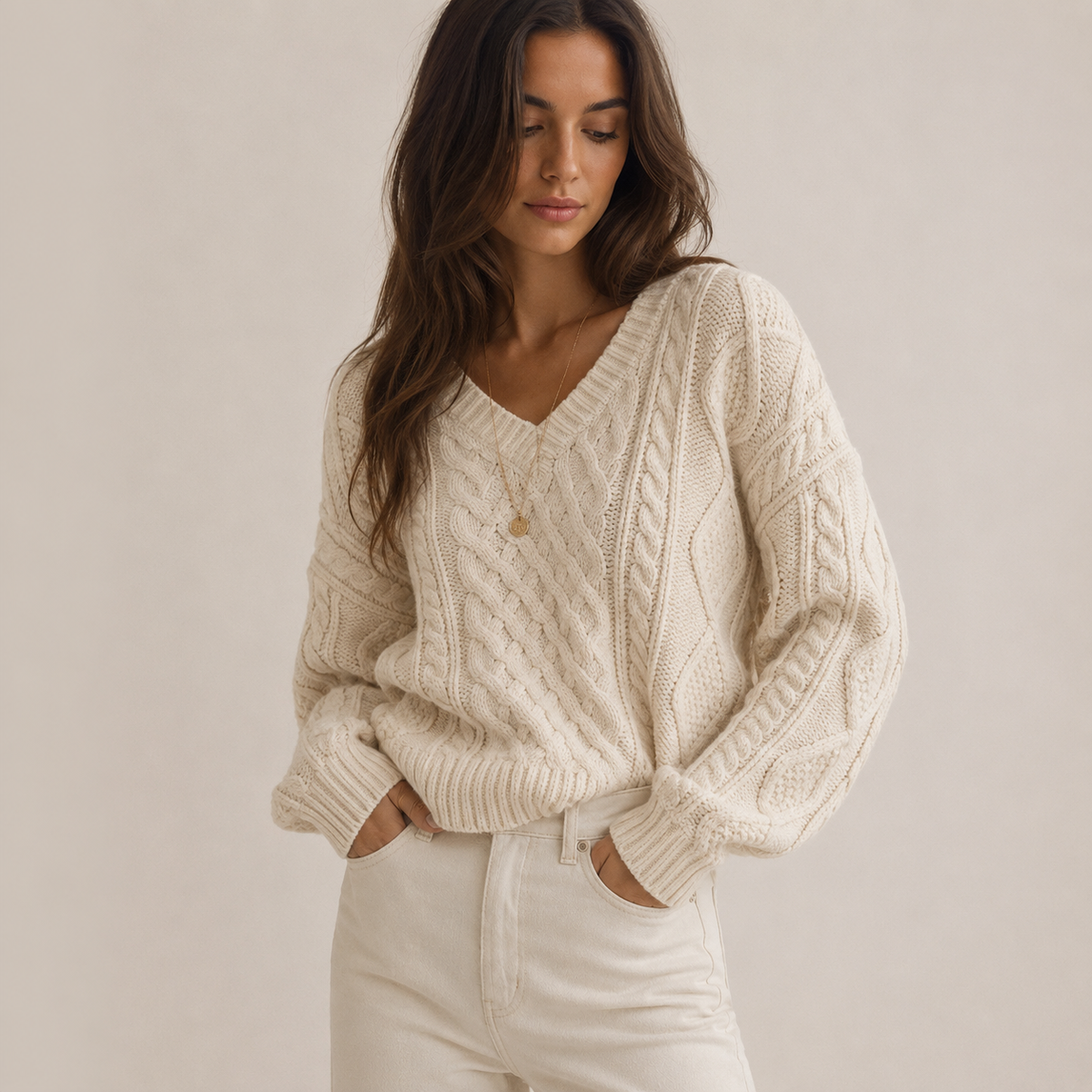 Ingrid | Cable Knit V-Neck Sweater with Long Sleeves