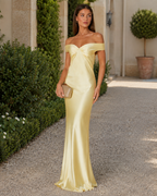 Odile – Yellow Satin Maxi Dress with Off-Shoulder Neckline