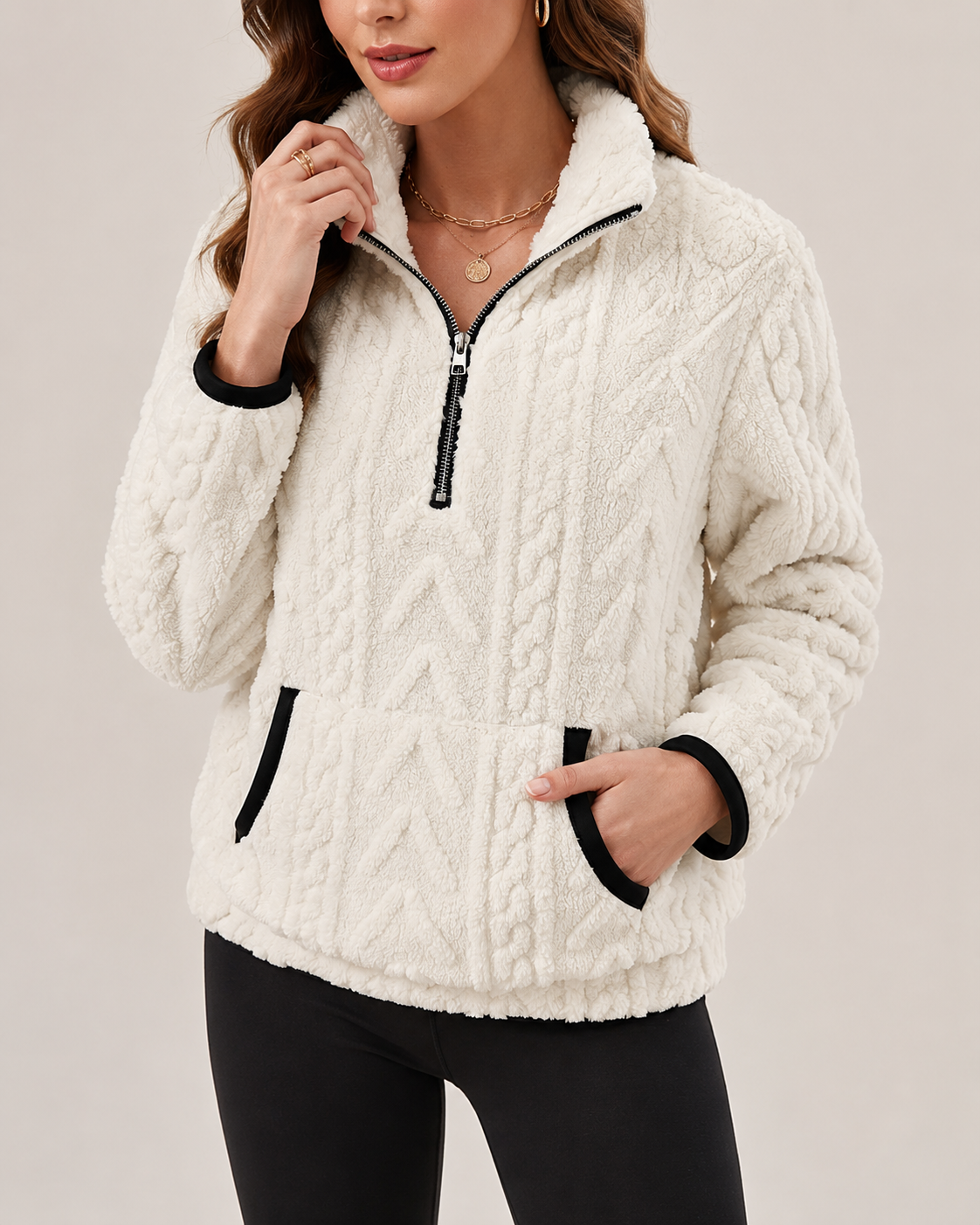 Marielle | Textured Half-Zip Pullover with Kangaroo Pocket