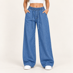 Philippa | Women's Light Blue Wide Leg Trousers with Elasticated Drawstring Waist