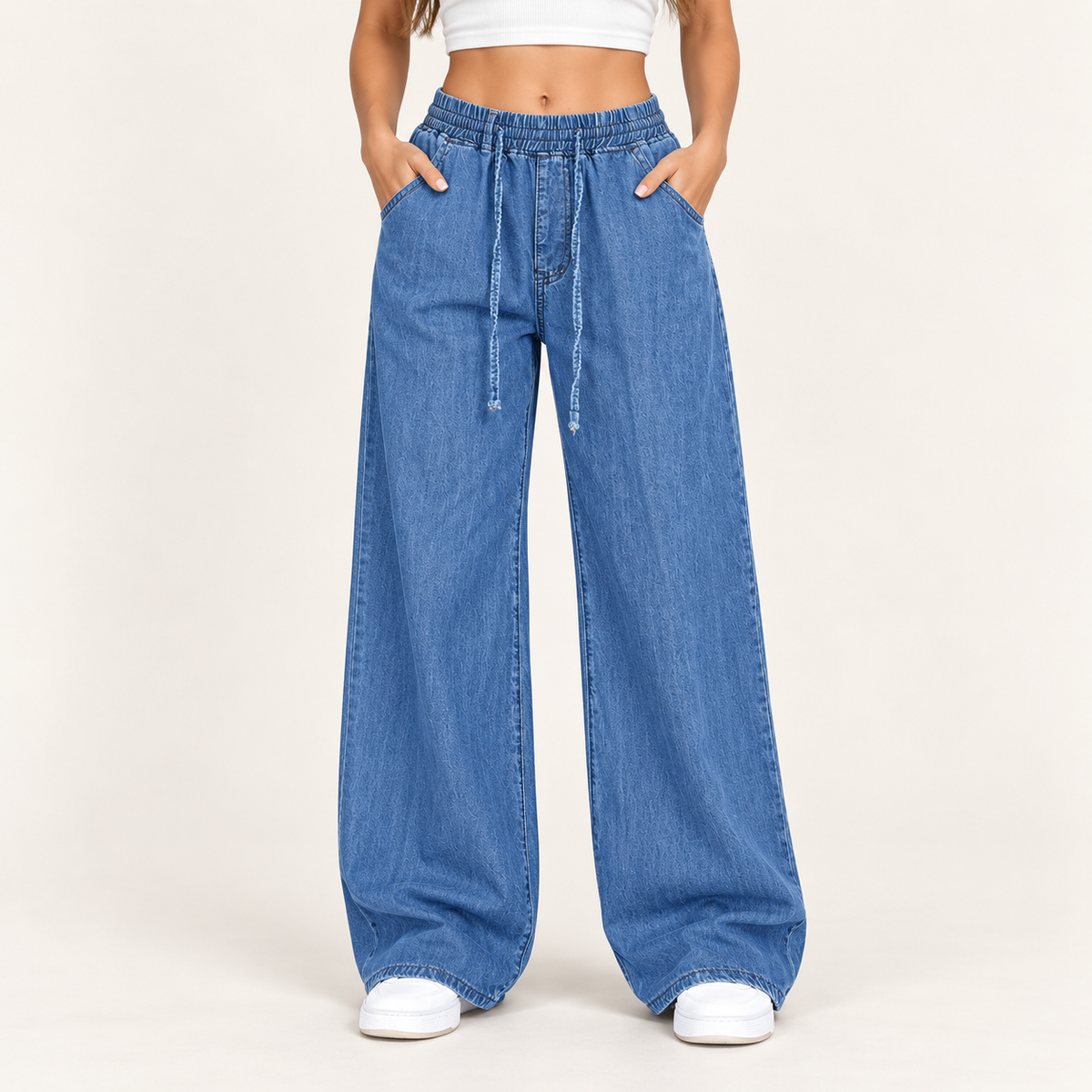 Philippa | Women's Light Blue Wide Leg Trousers with Elasticated Drawstring Waist
