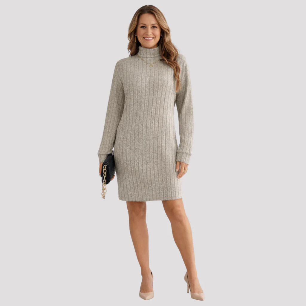 Céleste – Women's Beige Ribbed Turtleneck Jumper Dress