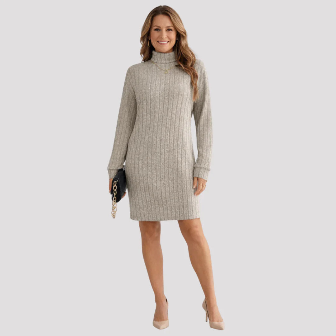 Céleste – Women's Beige Ribbed Turtleneck Jumper Dress