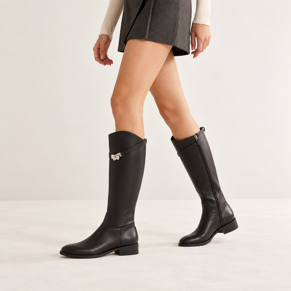 Marceline | Timeless Black Knee High Boots for Women with Equestrian Buckle Detail