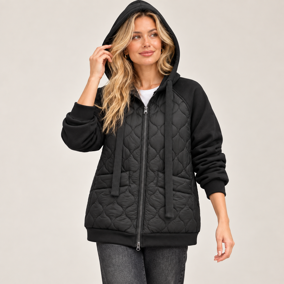 Corisande | Elegant Black Quilted Jacket for Women with Cosy Hooded Finish