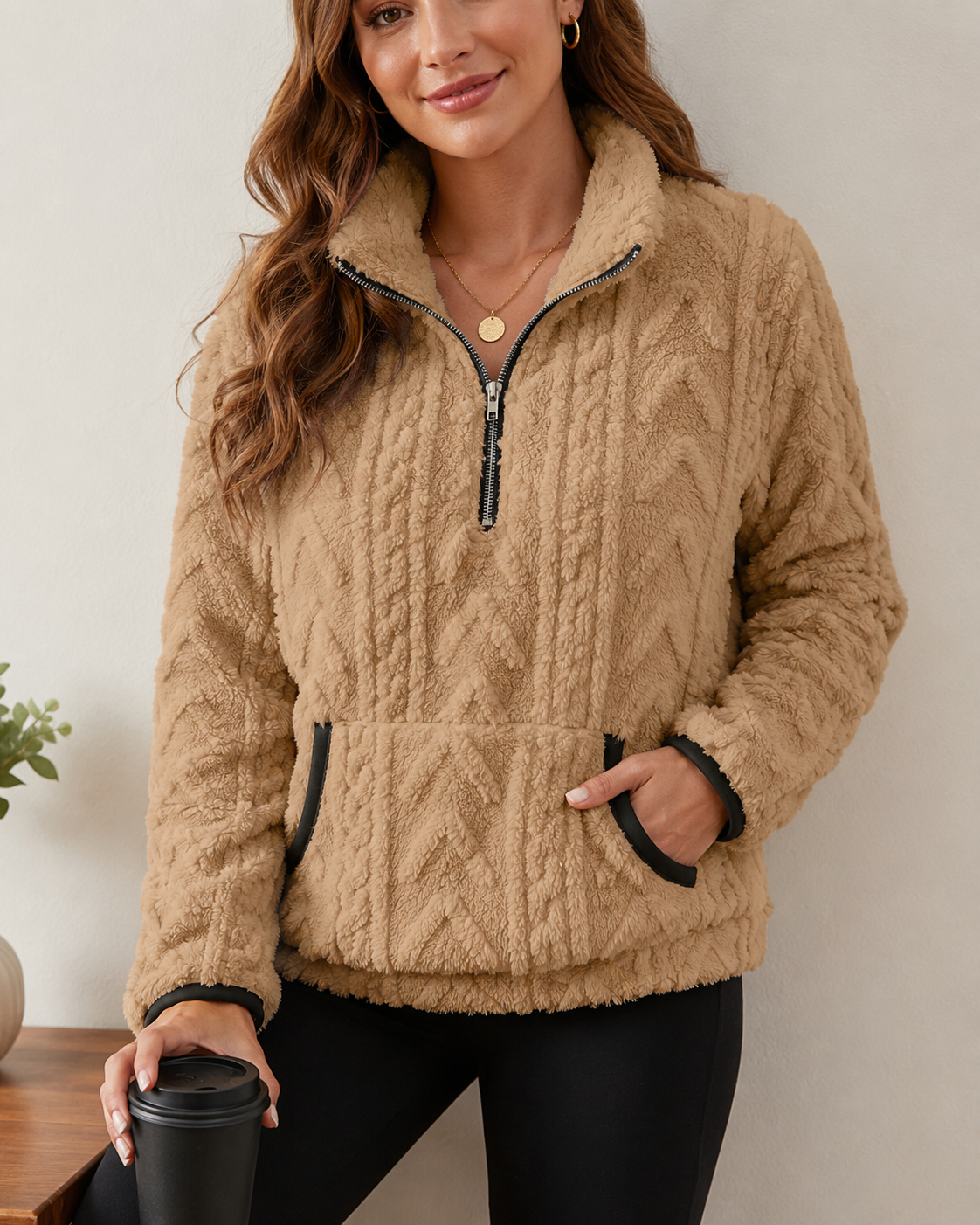 Marielle | Textured Half-Zip Pullover with Kangaroo Pocket