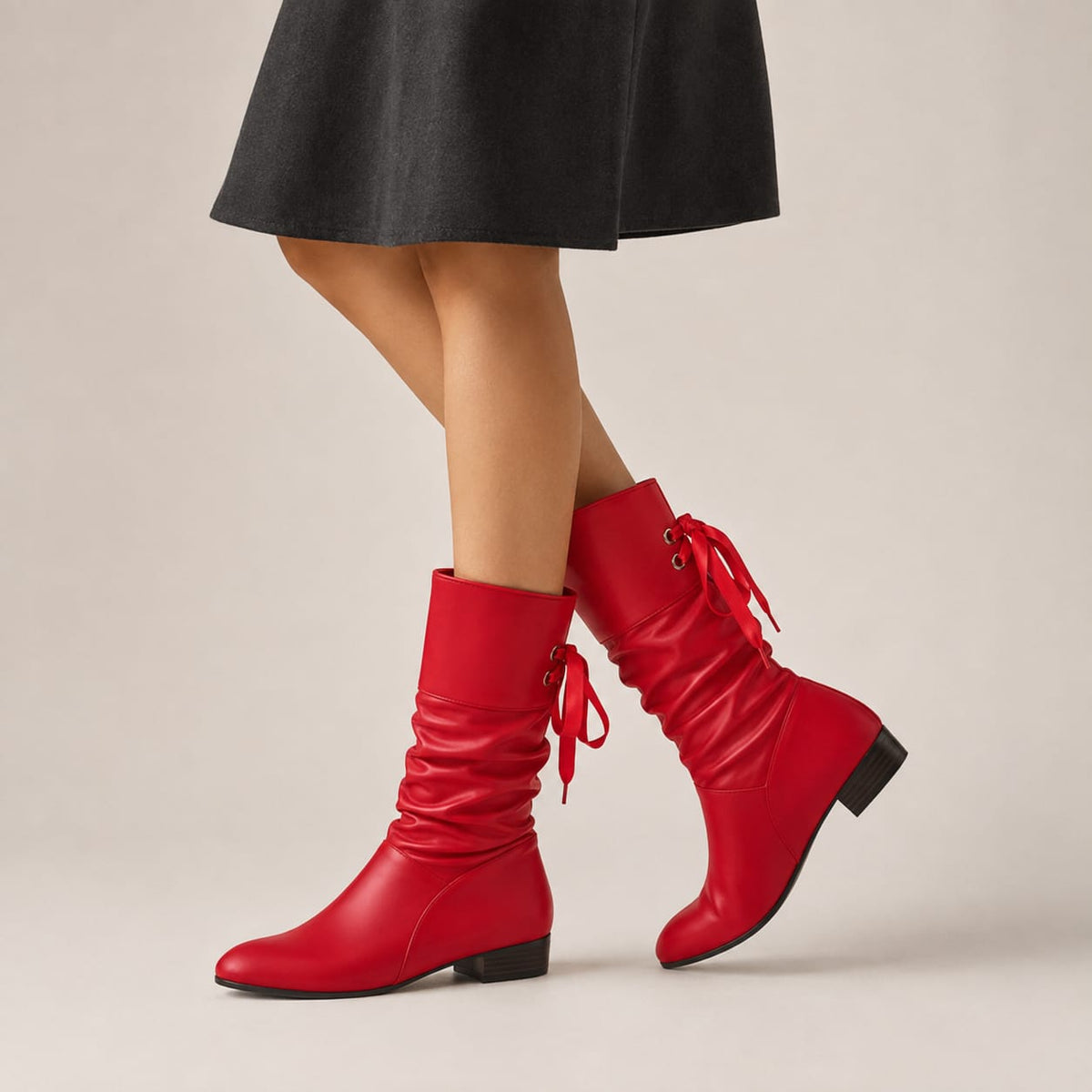 Marisol | Ruched Faux Leather Mid-Calf Boots with Lace-Up