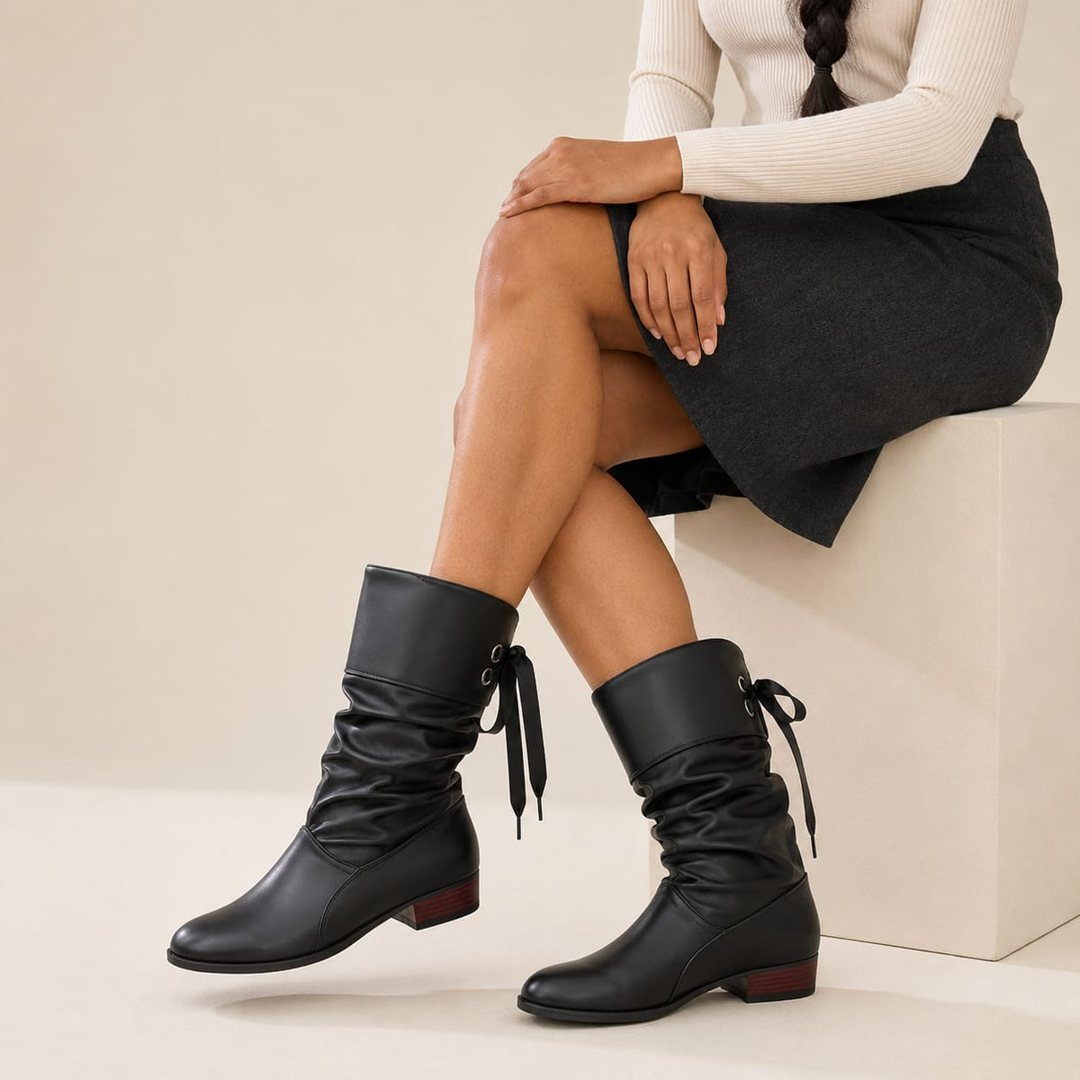 Marisol | Ruched Faux Leather Mid-Calf Boots with Lace-Up