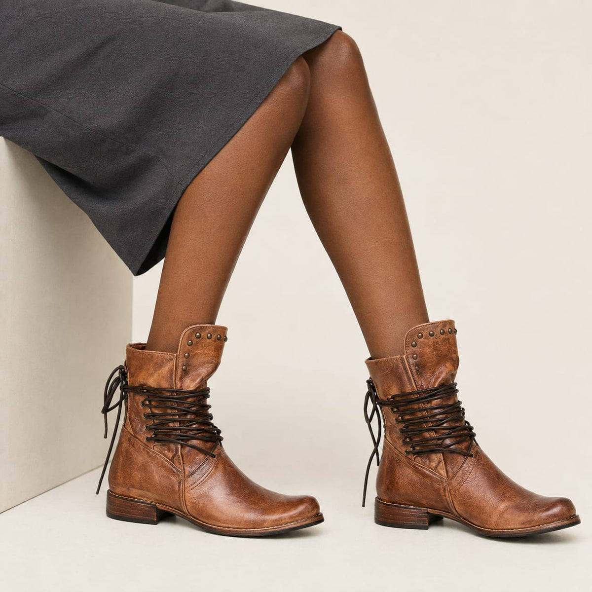Isadora | Studded Lace-Up Knee High Boots with Block Heel