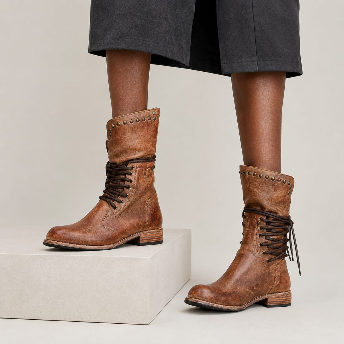 Isadora | Studded Lace-Up Knee High Boots with Block Heel