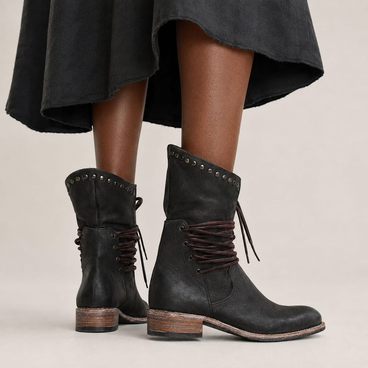 Isadora | Studded Lace-Up Knee High Boots with Block Heel