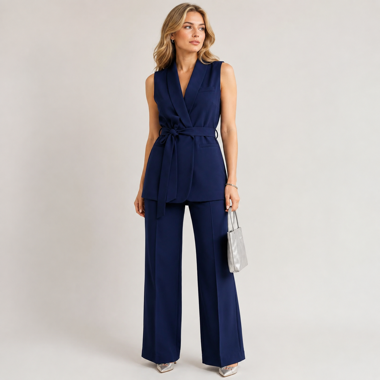 Odalys – Belted Sleeveless Blazer & Wide Leg Trouser Set