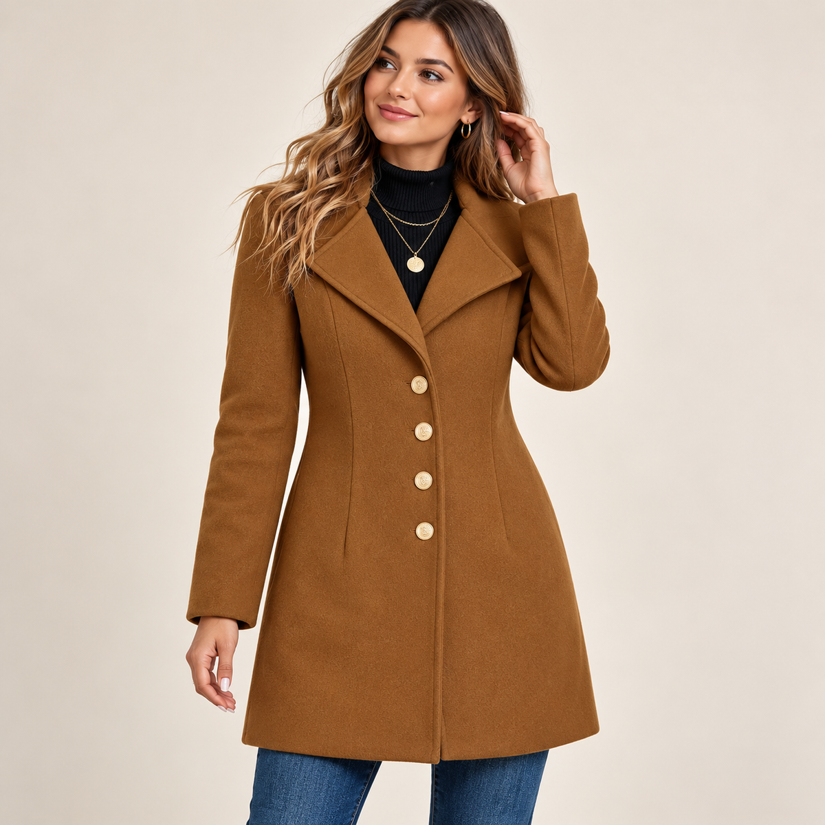 Serenella | Sophisticated Wool Blend Coat for Women with Gold-Tone Buttons