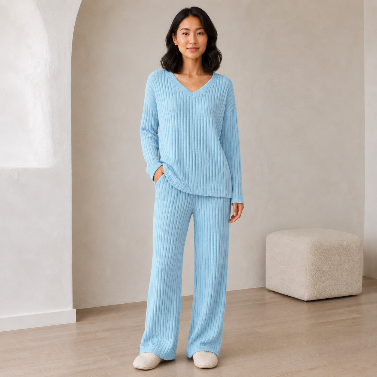 Isaline | Elegant Womens Lounge Sets with Ribbed V-Neck Top & Wide-Leg Trousers
