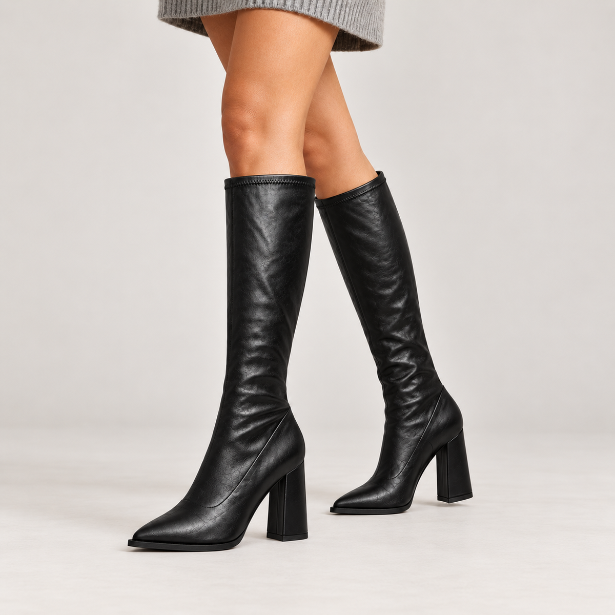 Clarimelle | Sophisticated Black Knee High Boots with Pointed Toe & Block Heel