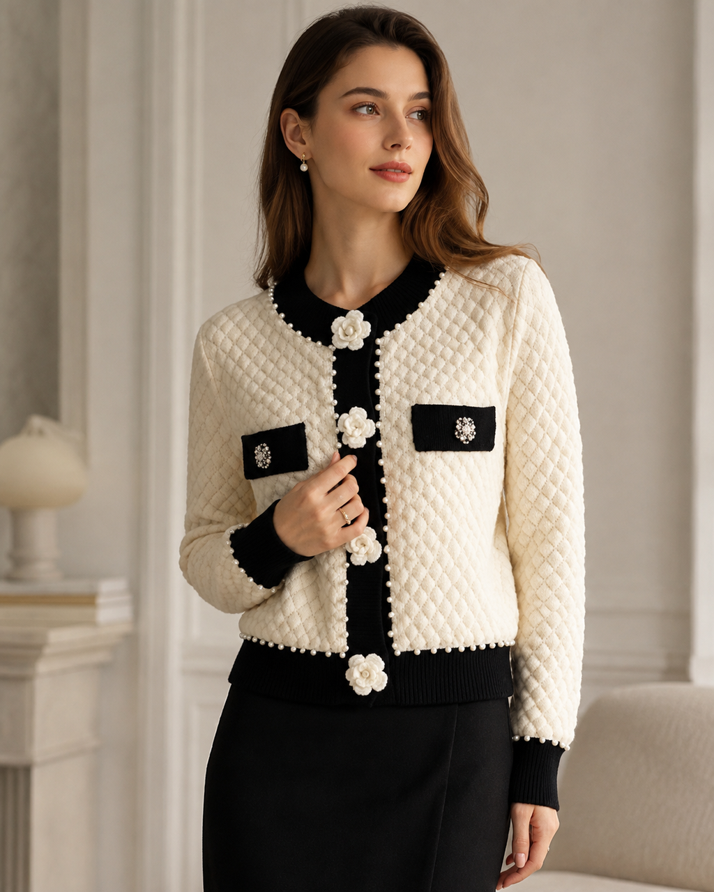 Odalys – Pearl-Adorned Cardigan with Decorative Pockets