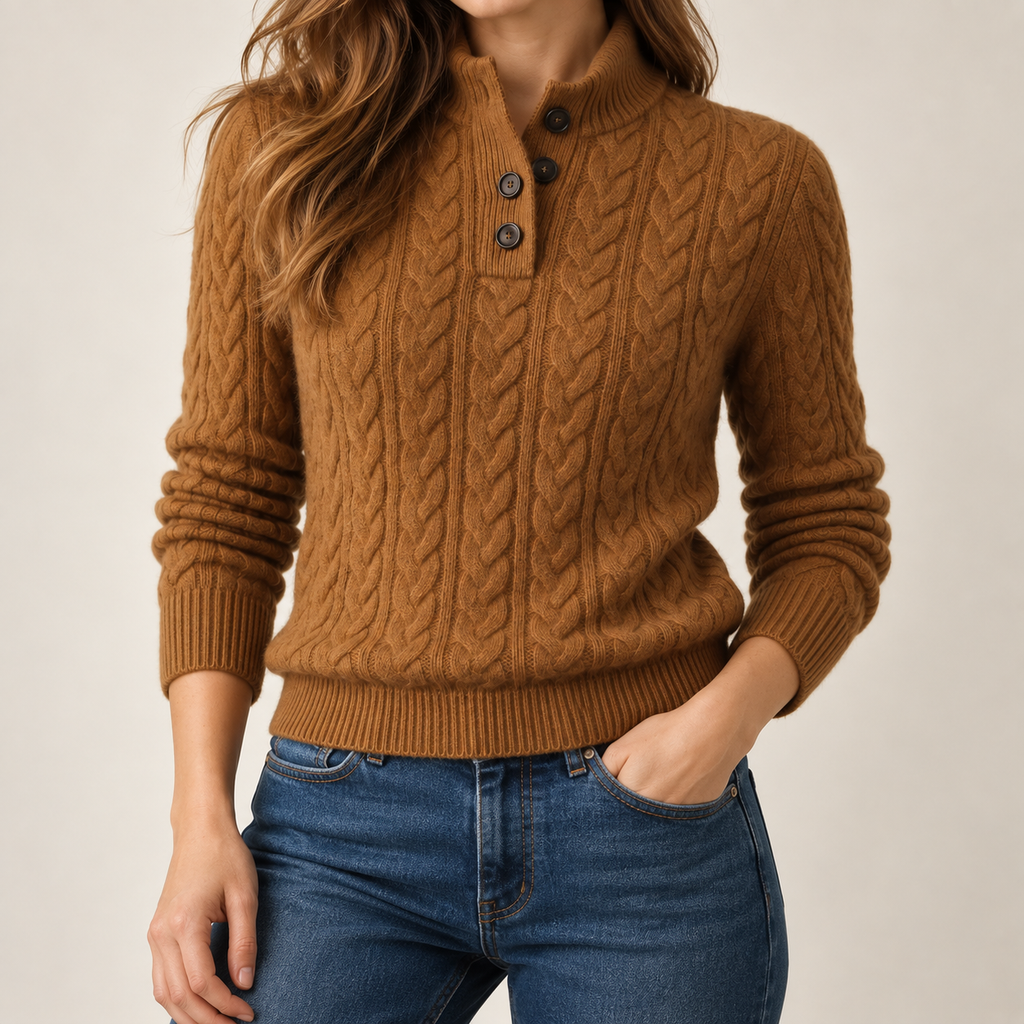 Lalaine | Elegant Women’s Cashmere Jumper with Cable Knit Button Neck