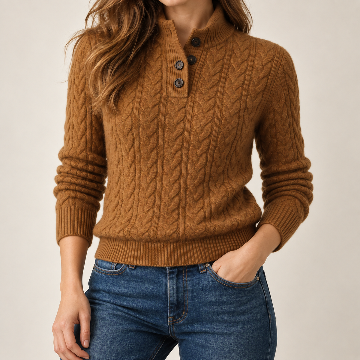 Lalaine | Elegant Women’s Cashmere Jumper with Cable Knit Button Neck
