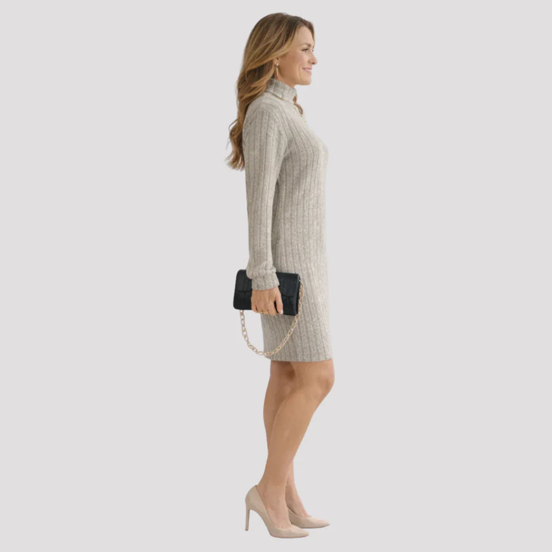 Céleste – Women's Beige Ribbed Turtleneck Jumper Dress