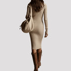 Isolde – Women's Beige Ribbed V-Neck Jumper Dress