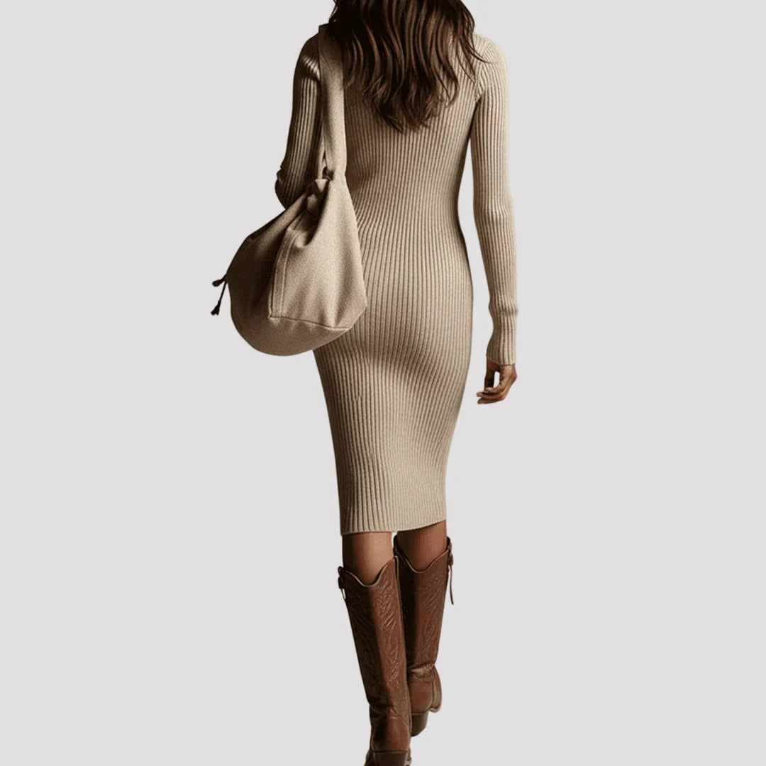 Isolde – Women's Beige Ribbed V-Neck Jumper Dress
