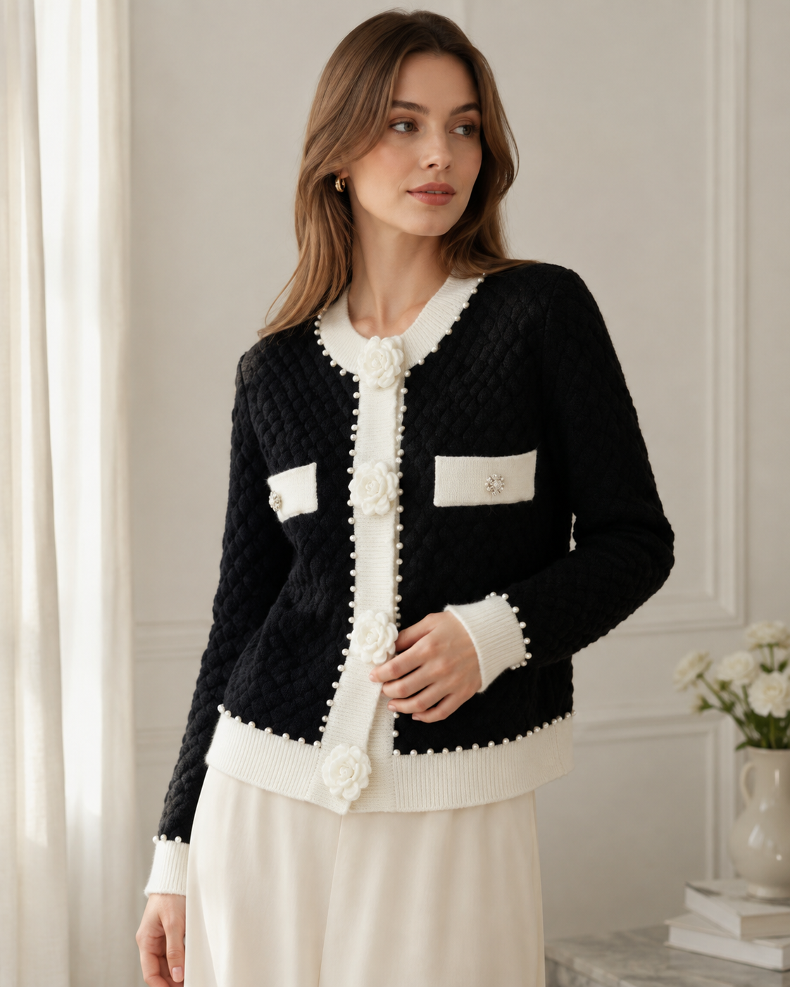 Odalys – Pearl-Adorned Cardigan with Decorative Pockets