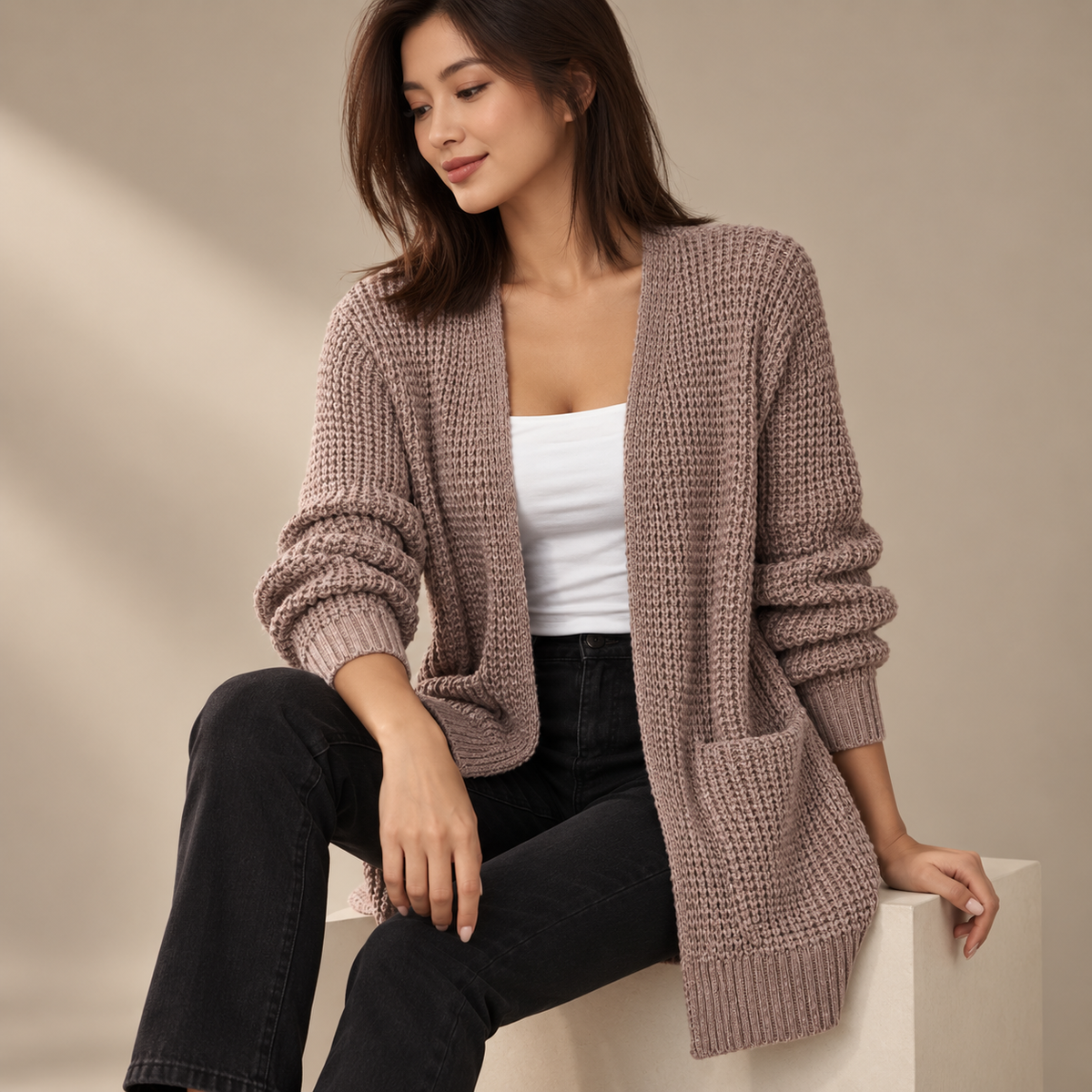 Celine | Effortless Long Cardigan for Women with Textured Waffle Knit