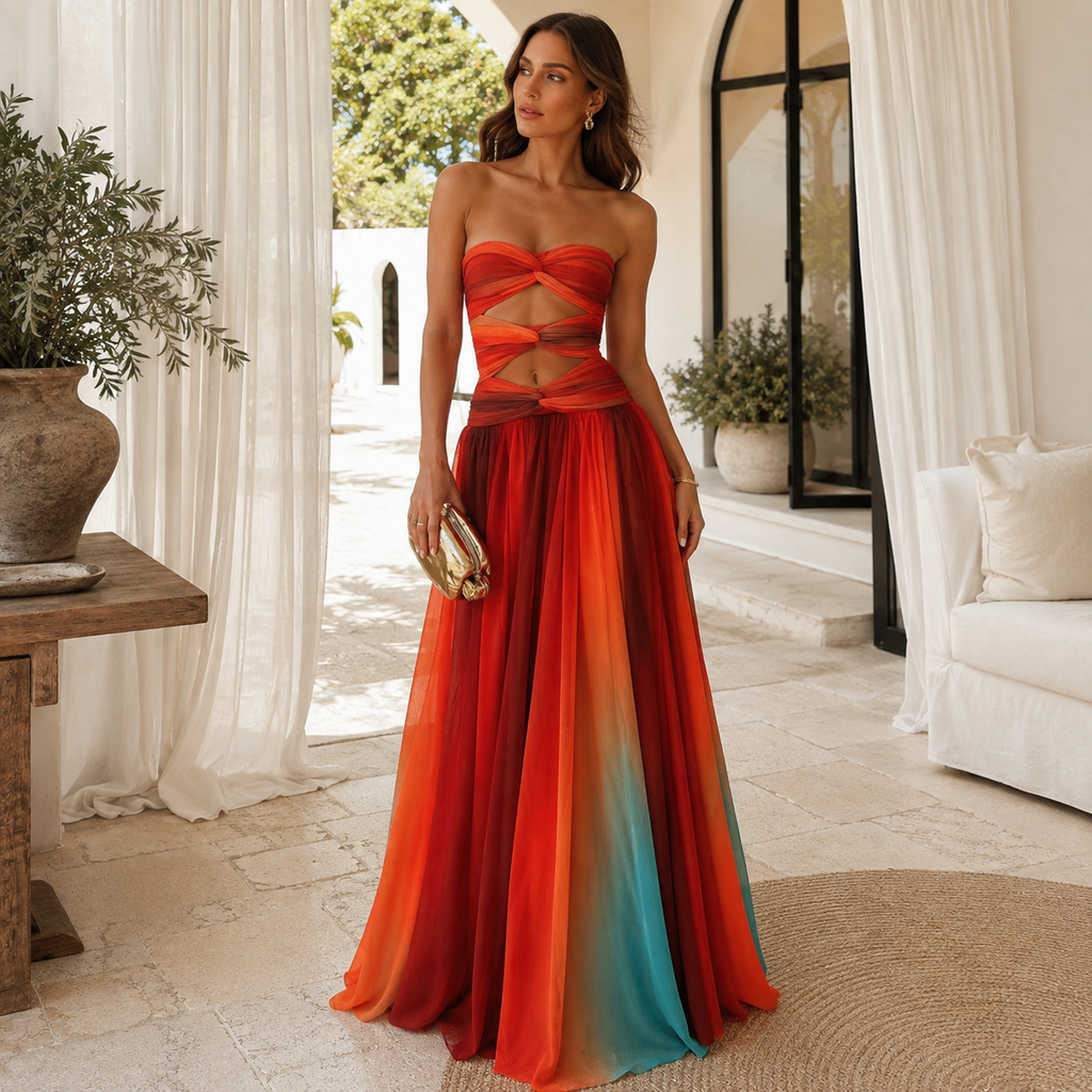 Rosalind – Strapless Block-Print Maxi Dress for Summer Evenings