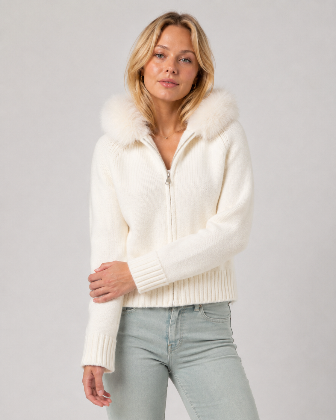 Wilhelmina | Faux Fur Collar Cardigan with Zipper for Women