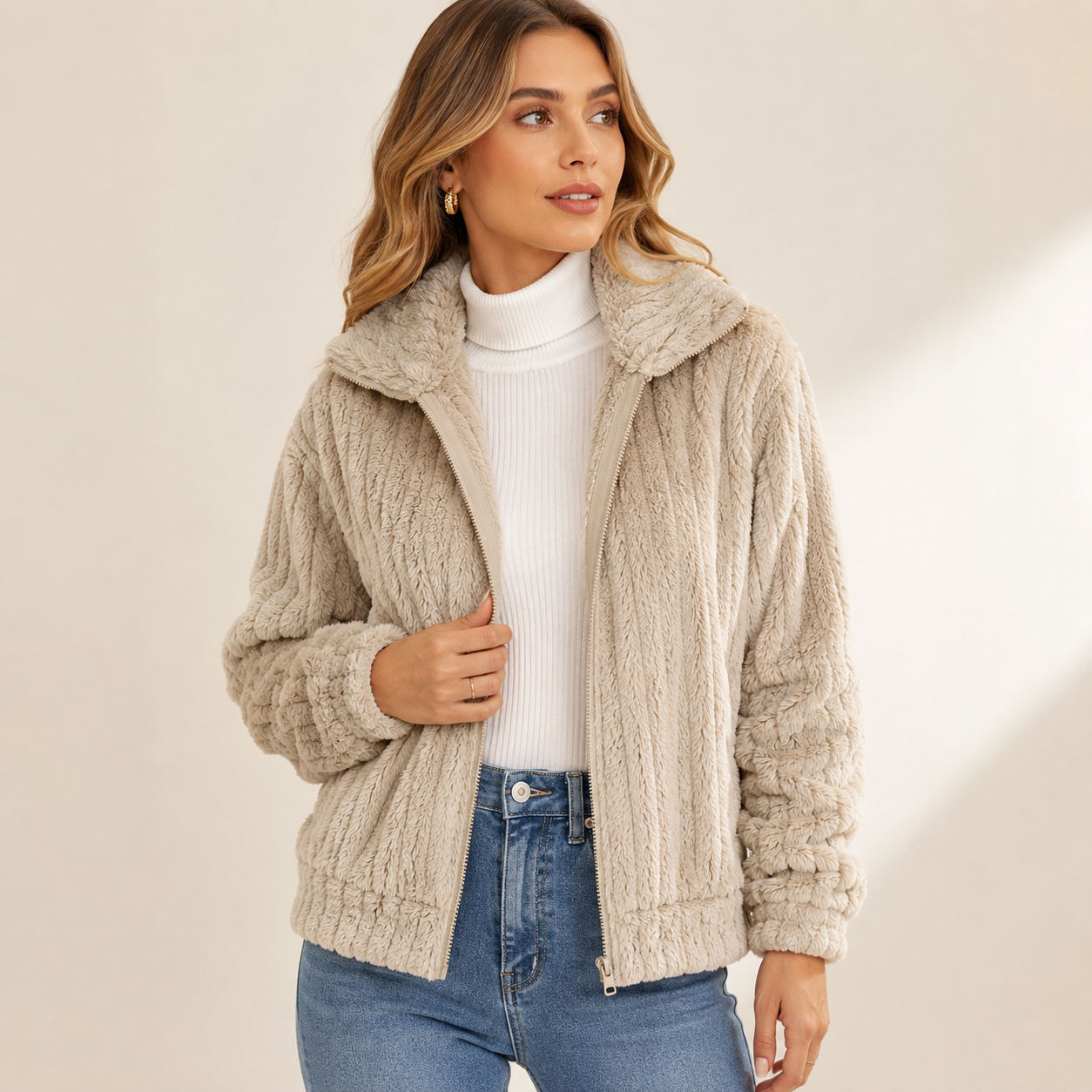 Ottoline | Cosy Teddy Coat for Women with Zip Front & Collared Fleece Design