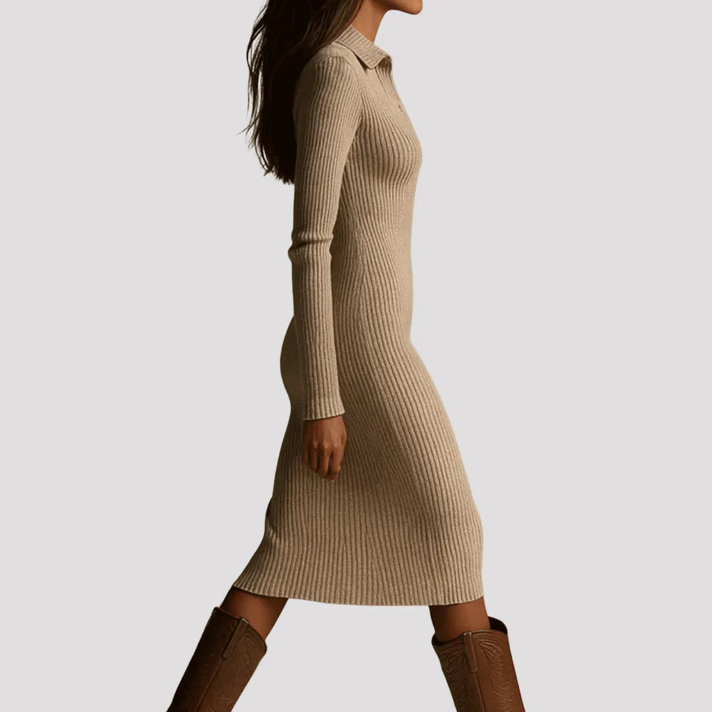 Isolde – Women's Beige Ribbed V-Neck Jumper Dress
