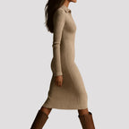 Isolde – Women's Beige Ribbed V-Neck Jumper Dress