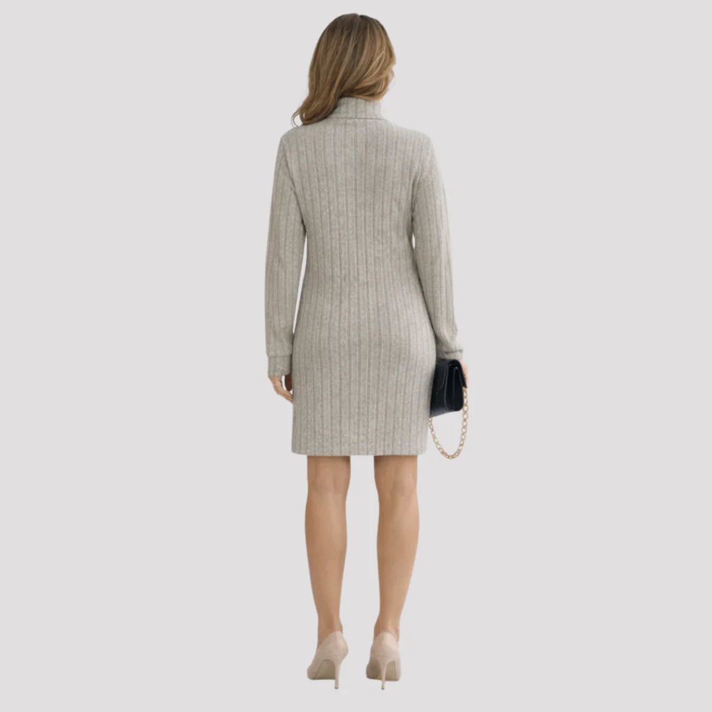 Céleste – Women's Beige Ribbed Turtleneck Jumper Dress