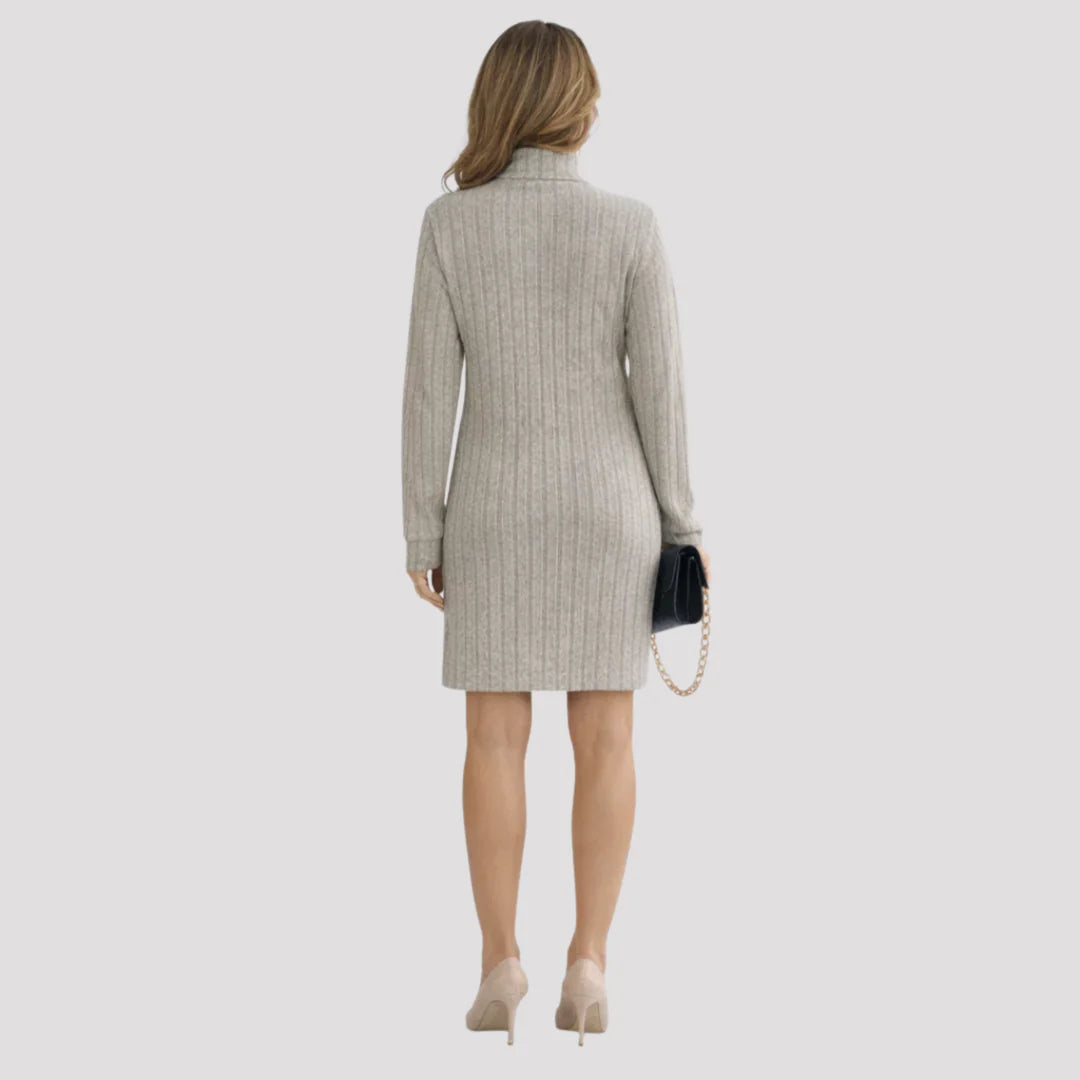 Céleste – Women's Beige Ribbed Turtleneck Jumper Dress