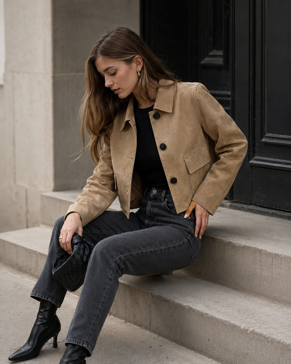 Fenella – Modern Camel Suede Jacket with Front Pockets