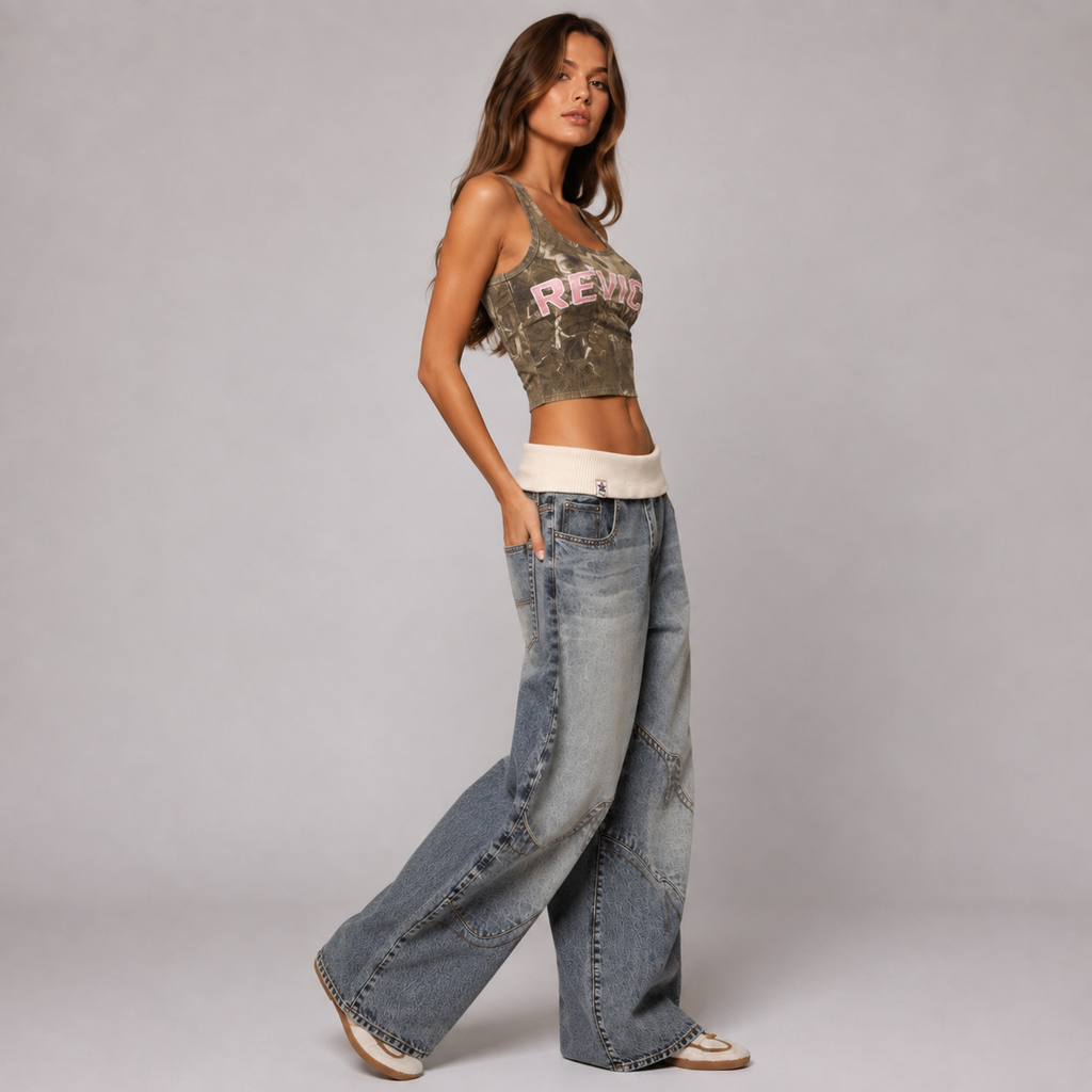 Odile – Rolled-Waist Y2K Jeans in Washed Blue