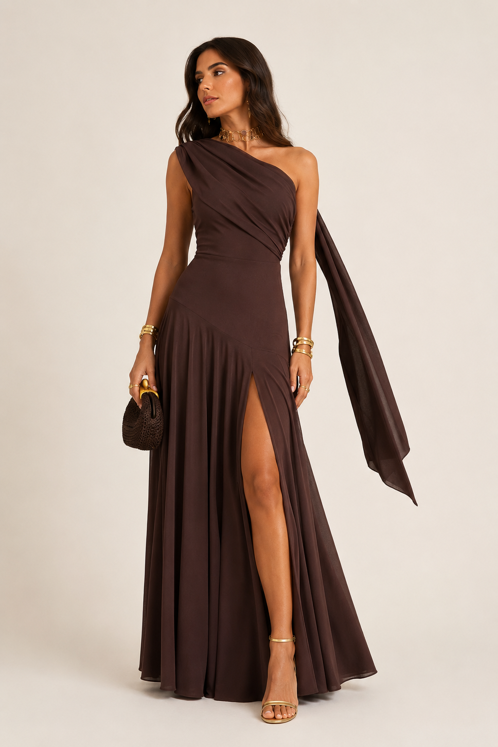 Liliane – Brown One-Shoulder Pleated Maxi Dress