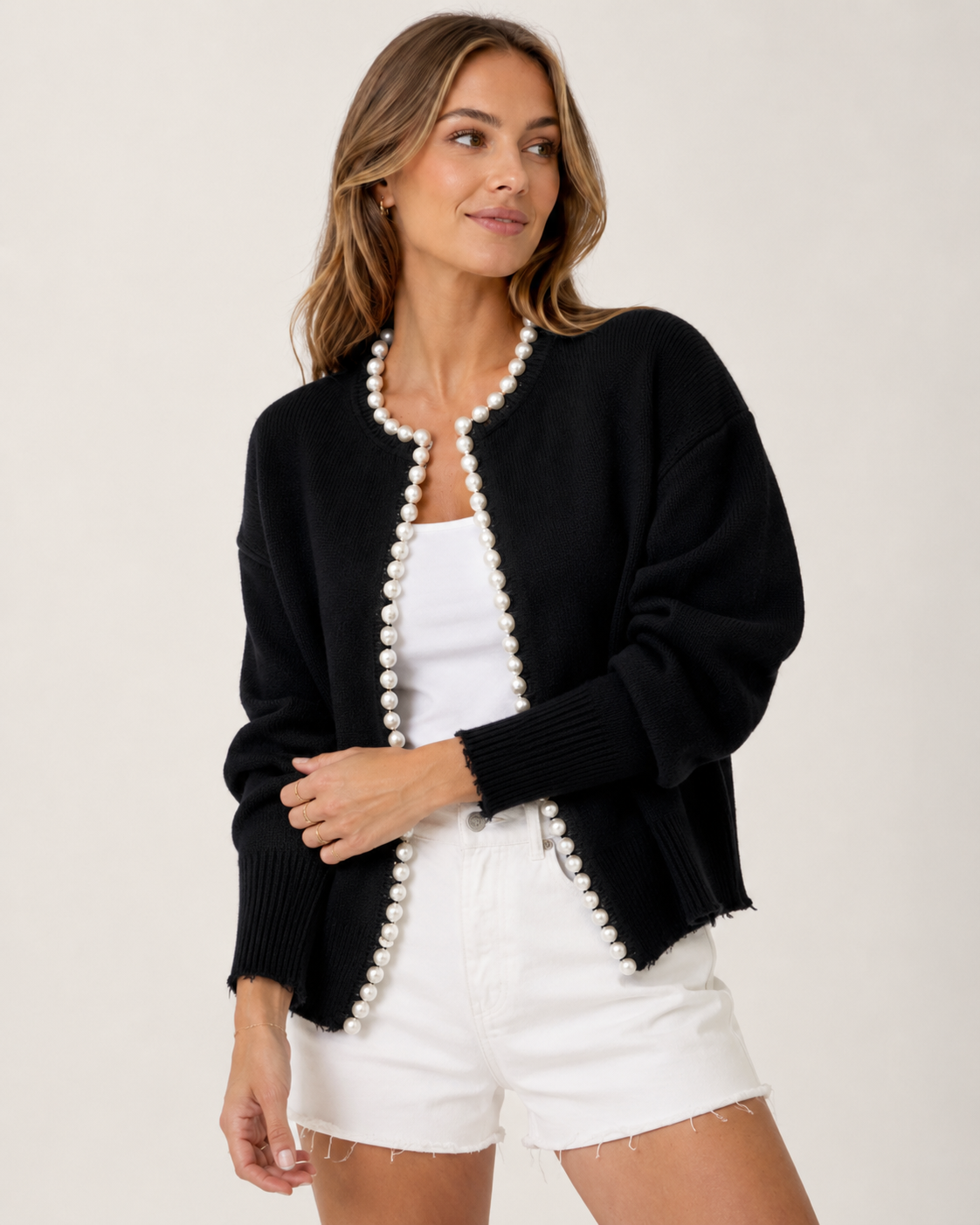 Wilhelmina – Open Cardigan with Elegant Pearl Trim Detail