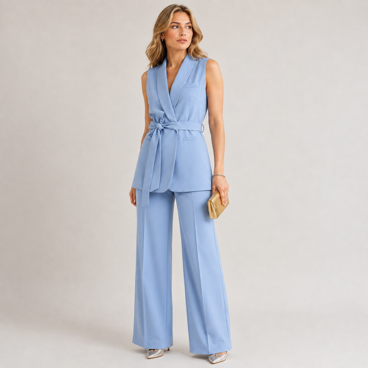 Odalys – Belted Sleeveless Blazer & Wide Leg Trouser Set